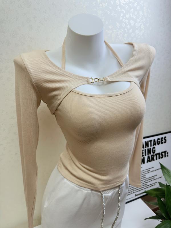 トップス レディース 魅惑的 胸 ホルターネック 小さい キャミソール 女性用 メタル バック ルネジ 長袖 ブラウス 2点 セット