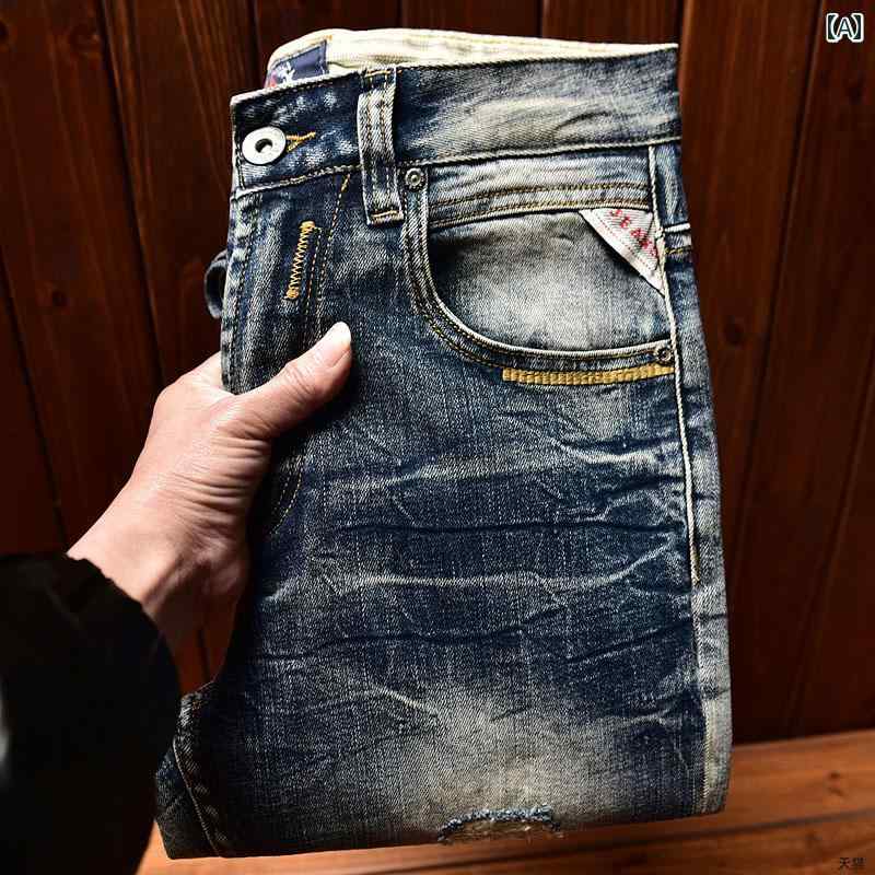 ジーンズ デニムパンツ おしゃれ ストレッチ ウォッシュ レトロ ジーパン メンズ スリム フィット カジ..