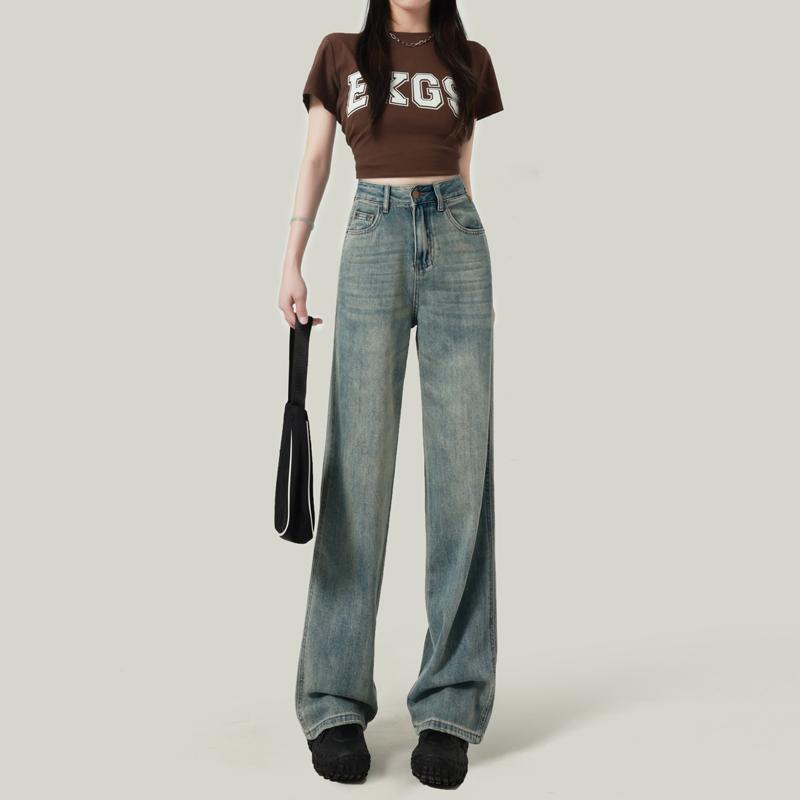 Straight Jeans - パンツ デニム レディース アメリカン レトロ ブルー ナロー ワイド レッグ ジーンズ 春 ハイウエスト 快適 ストレート レッグ