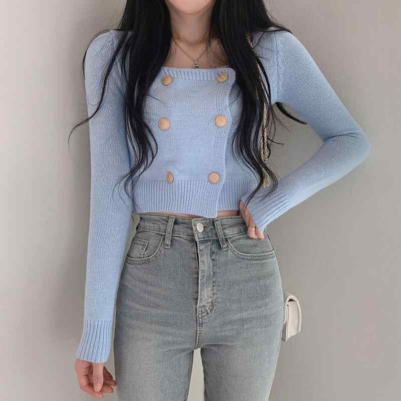 秋 冬 トップス 韓国 シック フレンチ ダブルブレスト スクエアネック スリムフィットお へそ 露出 ショート セーター
