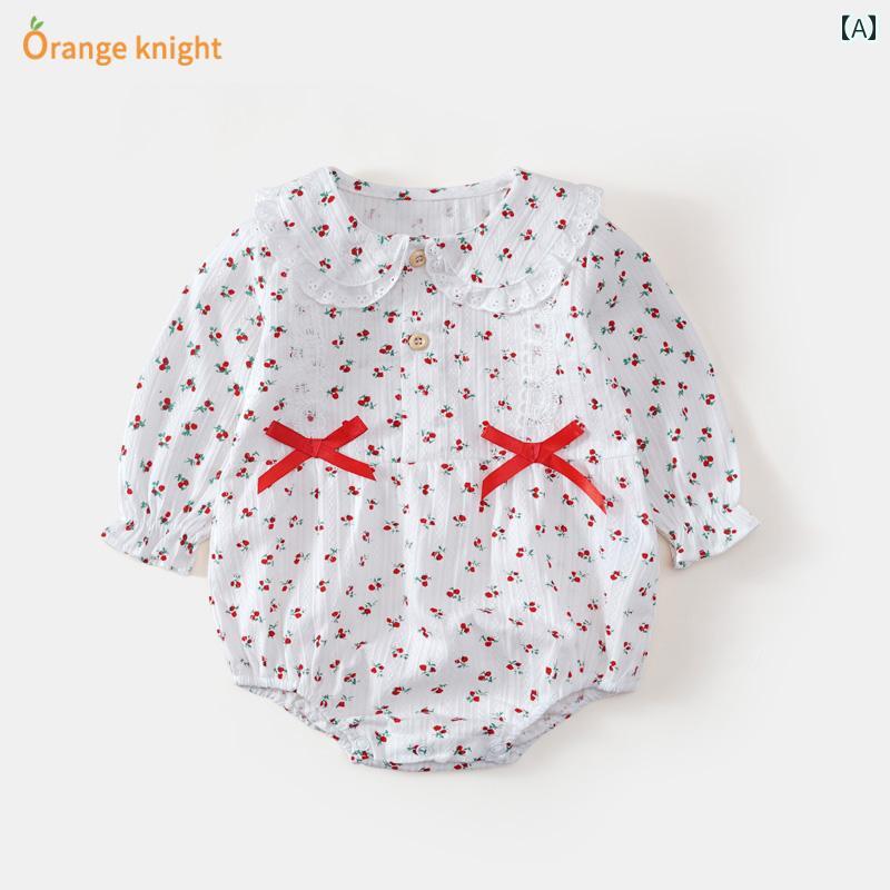 Long-Sleeved - ロンパース ベビー服 カバーオール ジャンプ スーツ 春服 韓国 チェリー小花柄 長袖 三角 かわいい 人形 襟