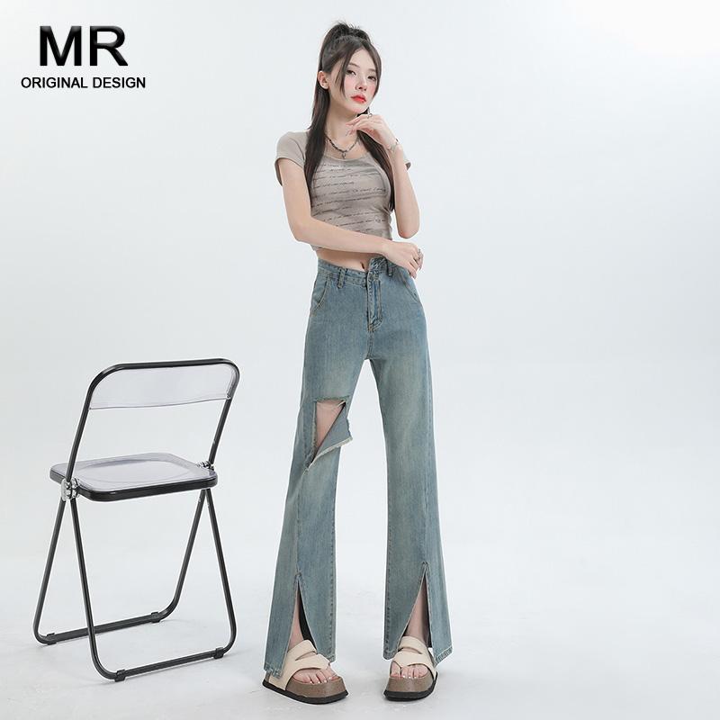 パンツ デニム レディース カジュアル スタイリッシュ 女性 スリット リッピング ブーツ カット ジーンズ 夏 ハイウエスト スリムフィット ベルボトム