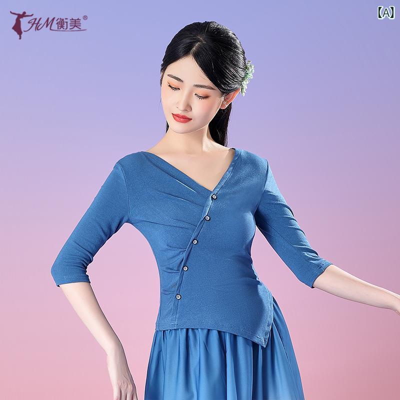 レディース ダンス 練習服 トップス ミッド スリーブ V ネック スリム 現代 中国 レトロ 舞踊 ボディ トレーニング 服