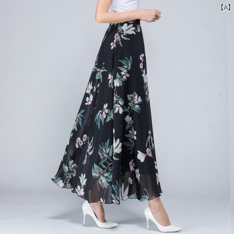 夏 花柄 シフォン スイング ハーフ レングス スカート ハイウエスト プリント 大きいサイズ a ライン ダンス