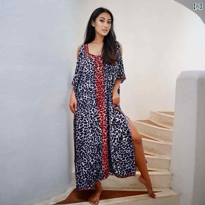 レディース リゾート ワンピース ボヘミアン ヒョウ柄 オフショルダー ドレス 魅惑的 ロング ビーチ スカート 休暇用 ローブ