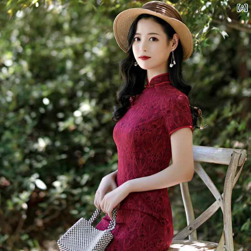 China Dress - 夏 チャイナ ドレス レトロ ワンピース パフォーマンス 撮影 衣装 ホット 無地 マザー ミドル丈 スリム
