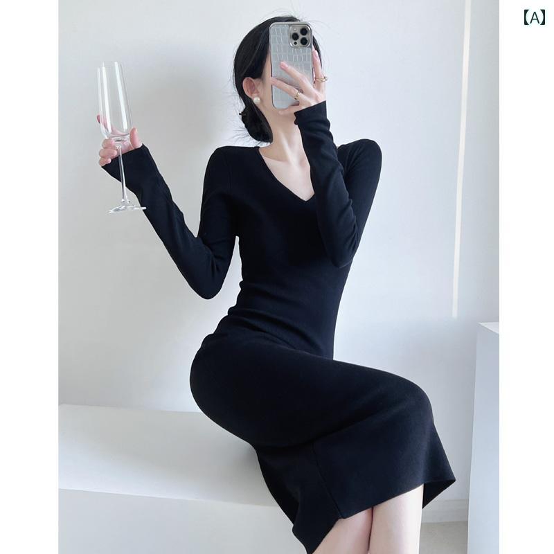 Rakuten - レディース ワンピース フレンチ スリム V ネック 魅惑的 黒 ドレス 秋冬 インナー 長袖 ニット スカート