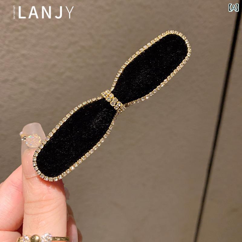 レディース ヘアアクセサリー 髪飾り 大人 フェミニン クリップ ヘアピン エレガント 黒 起毛 ヘアクリップ サイド 前髪 ラインストー..