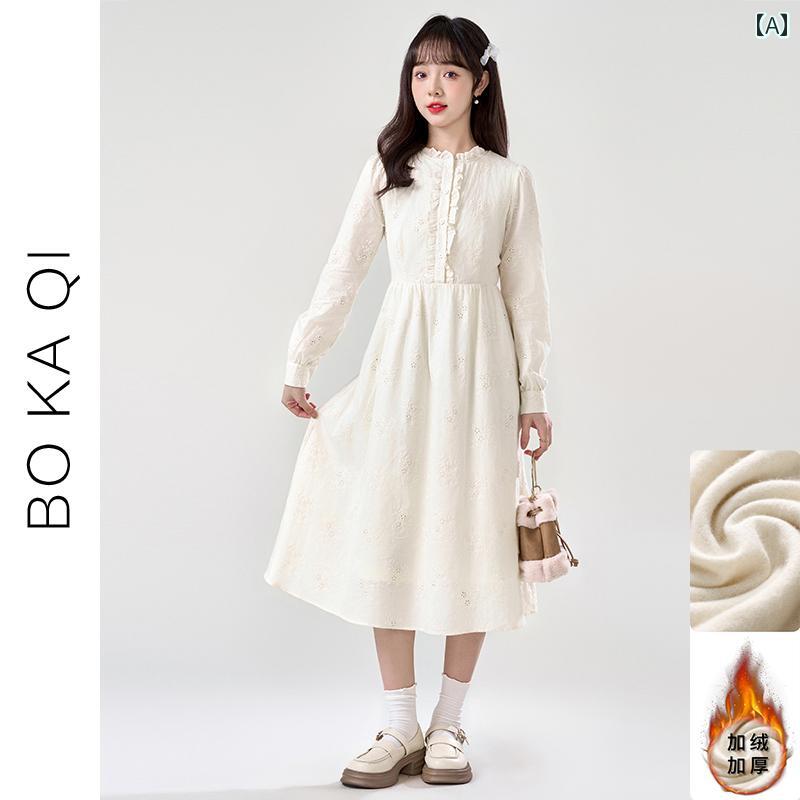 ワンピース きれいめ ガーリー 大人かわいい 冬 レース 襟 裏起毛 厚手 アプリコット ドレス 女性 優し..