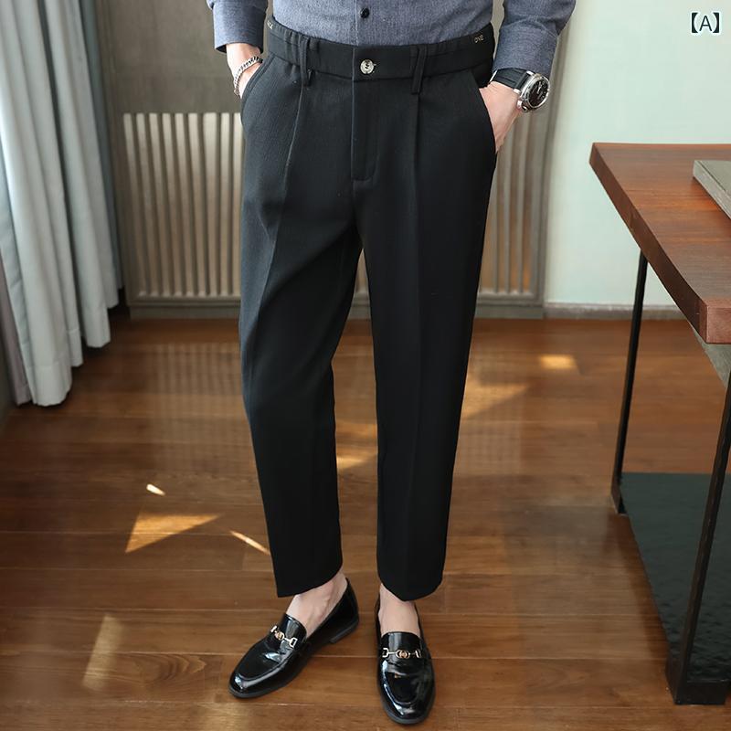 パンツ スラックス メンズ ウール 刺繍入り 弾性 ウエスト 秋冬 ビジネス カジュアル ダーク パターン 起毛 スリムフィット