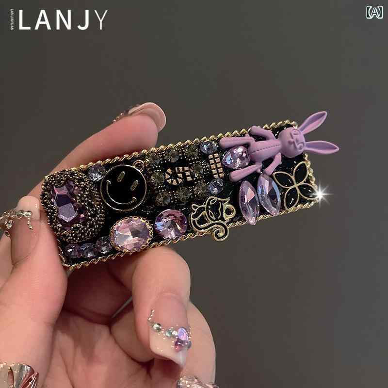 ヘアクリップ 韓国 ウサギ ブラック ビジュー ピン アクセサリー キラキラ 煌めき 精巧 パープル おし..