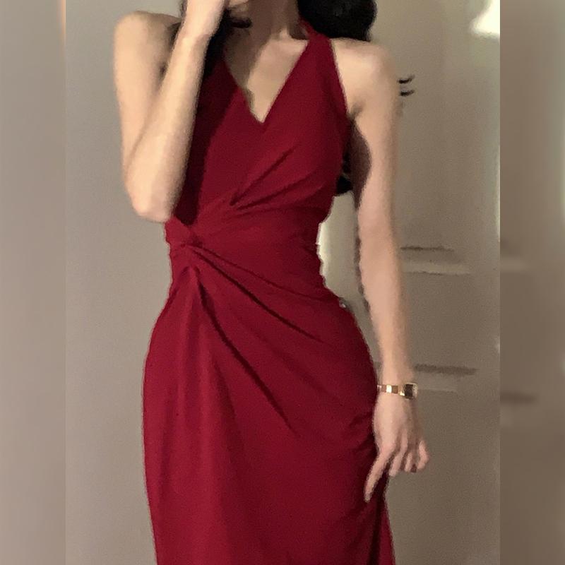 Other - ドレス バースデー レディース イブニング 婚約 花嫁 誕生日 パーティー 乾杯 大人 赤い ホルターネック サスペンダー