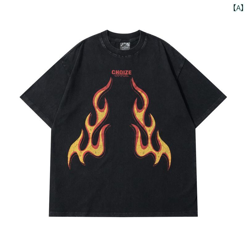 Tシャツ ストリート メンズ カジュアル おしゃれ アメリカン フレーム ファイヤープリント 半袖 シャツ..