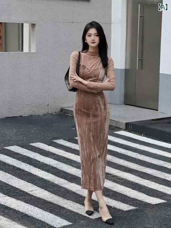 レディース ワンピース 冬 ハイエンド 女性 一緒 着る ステッチ ゴールド ベルベット ドレス 魅惑的 ストリート ロング スカート