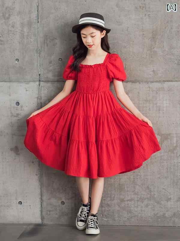 ドレス スカート キッズ ファッション ガールズ 赤い 夏 韓国 子供 半袖 スタイリッシュ 子供用 パフスリーブ プリンセス