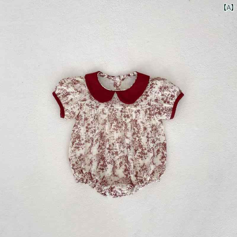 Short Sleeves - ドレス ロンパース ベビー 夏服 ジャンプ スーツ かわいい 赤ちゃん 女児 綿 人形 首輪 花柄 半袖 100日 姫 薄手