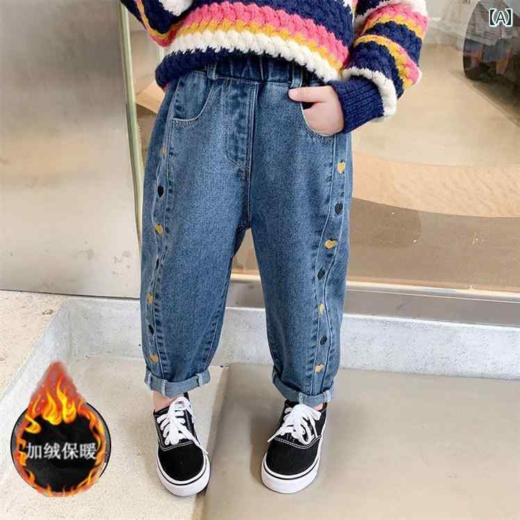 パンツ キッズ ファッション カジュアル デニム 女の子 厚手 ベルベット ジーンズ 秋冬 韓国 ズボン 子供服