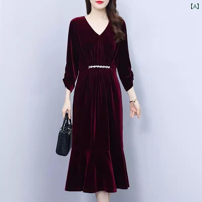 レディース ワンピース きれいめ 上品 ミセス 婦人服 ゴールド ベルベット ドレス 秋 西洋風 パーティー ハイエンド スリム フィッシュ テール