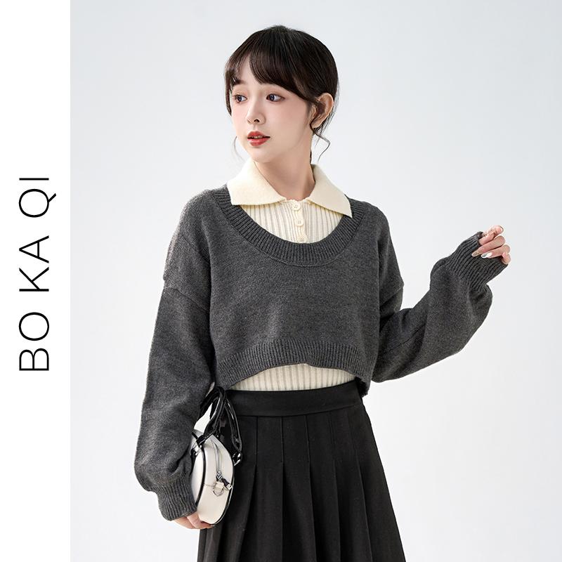 レディース ファッション 秋冬 グレー ラウンドネック スレッド ショート セーター レディース ノースリーブインナー ツーピース セット