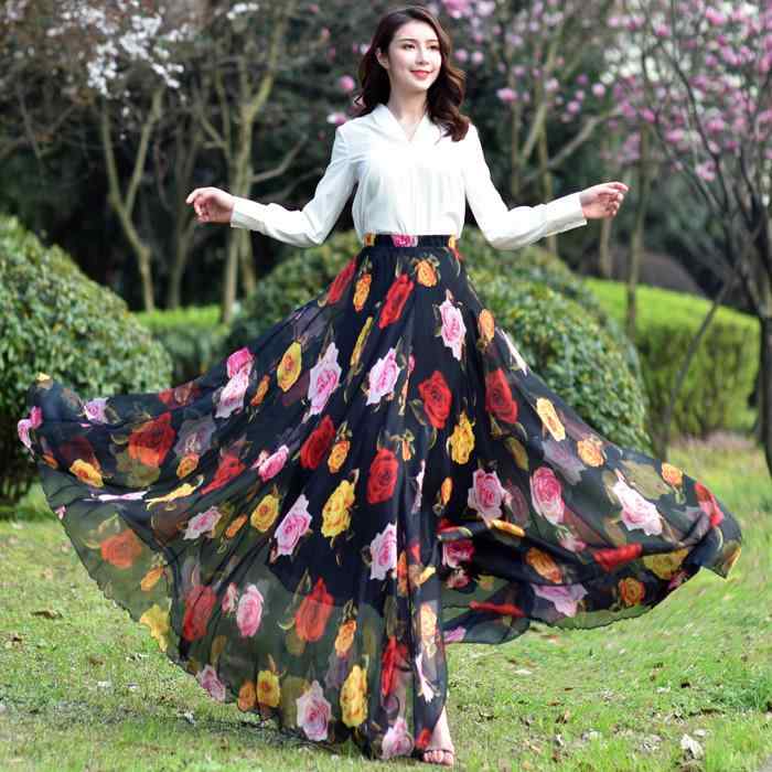 レディース エスニック ファッション おしゃれ シフォン ボヘミアン フレアスカート エクストラ ロング 足首丈 大きめサイズ プリント エレガント フェアリー スカート ロングスカート ビーチ スカート