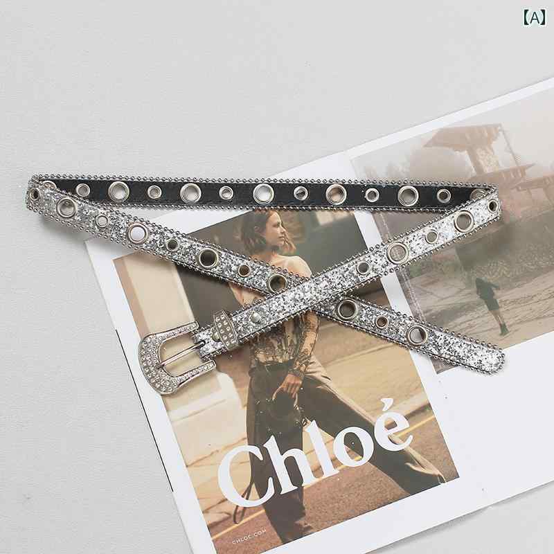 レディース ベルト おしゃれ コートベルト 幅広 装飾 ハイエンド アメリカ ファッション スパンコール ジーンズ ブラックシルバー