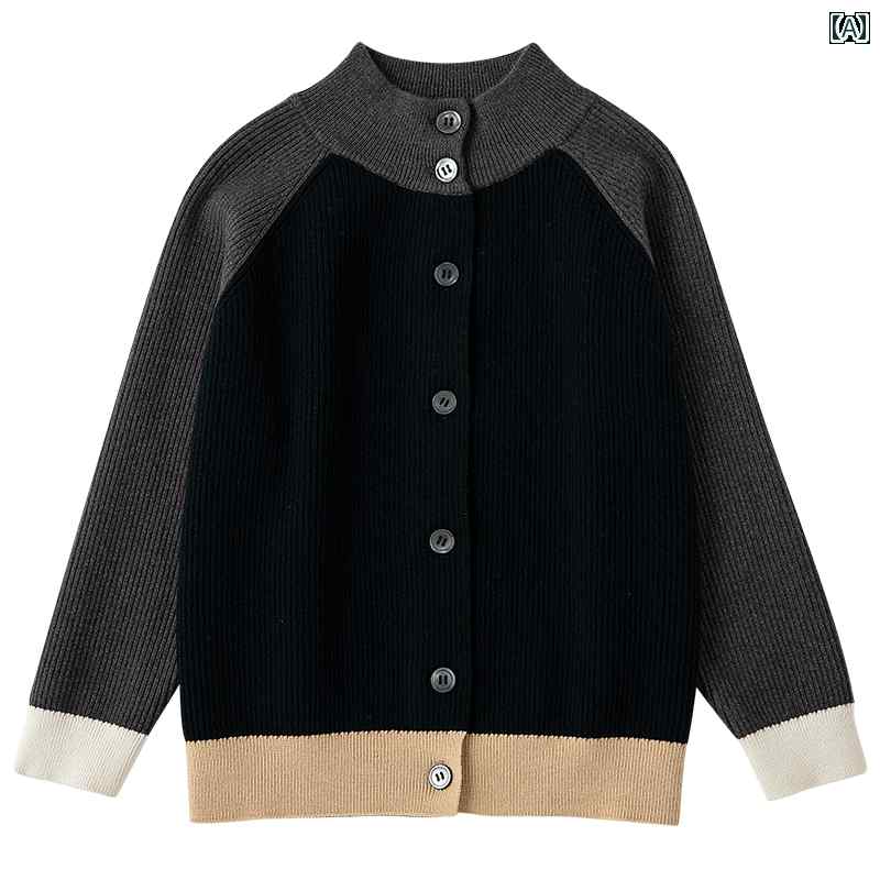 トップス ジャケット 子供服 おしゃれ ナチュラル 普段着 キッズ 早春 男の子 女の子用 カラー ブロック ハーフ タートルネック 親子 スタイル シングルブレスト カジュアル ニットカーディガン