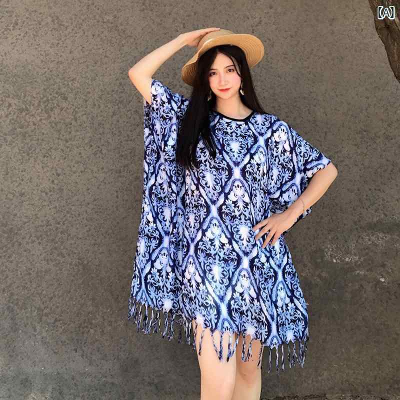 レディース サマー ドレス 休暇 ワンピース ブルー 染料 プリント ショート スカート大 理 リゾート レ..