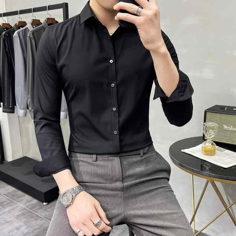 シャツ メンズ 夏 カジュアル 長袖 トップス 黒 薄手 ビジネス プロ ノンアイロン 無地 韓国 スリム ホワイト インチ