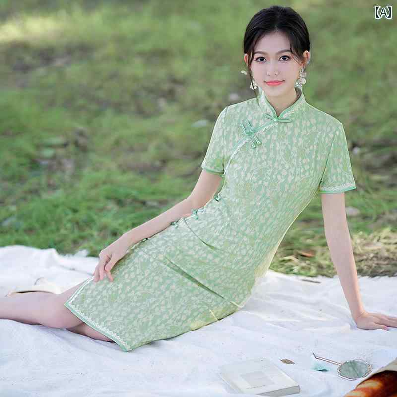 レディース 夏 チャイナドレス おしゃれ ワンピース コスプレ 写真撮影 フレッシュ エレガント グリーン レース ミドル丈 レトロ フランス 文学 中華風 スリム ドレス