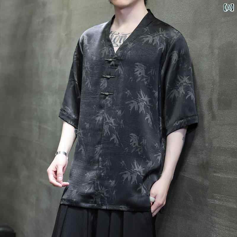 メンズ トップス レトロ バックル 唐装 チャイナ風 夏 薄手 半袖 シャツ 大きめサイズ 植物柄 ゆったり