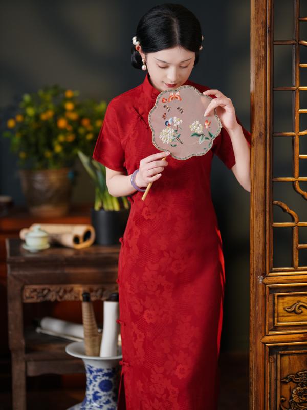 チャイナドレス レディース かわいい ワンピース 赤 チャイナ ドレス 中華 少女 フル カーディガン レトロ ロースリット 半袖