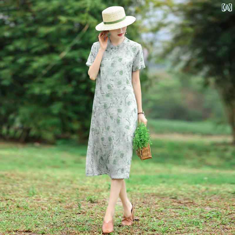 樂天商城 - レディース 夏 サマー ワンピース きれいめ 上品 婦人服 マザーズ ラミー プリント チャイナ ドレス 文学 レトロ 斜め 前立て ビーズ スタンドカラー