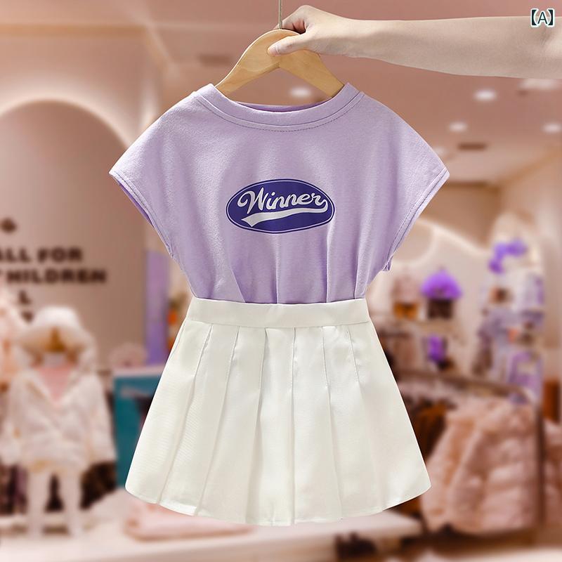 キッズ ウェア ガールズ スーツ 夏 子供服 Tシャツ おしゃれ スタイリッシュ ガールズ プリーツスカート 2点 セット 薄手