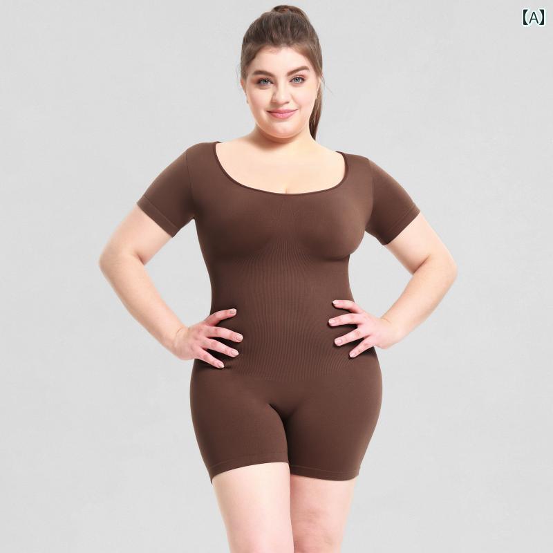 レディース ファッション 大きめ サイズ ボディスーツ シームレス 半袖 ベリー コントロール ジャンプ スーツ スポーツ ヨガ