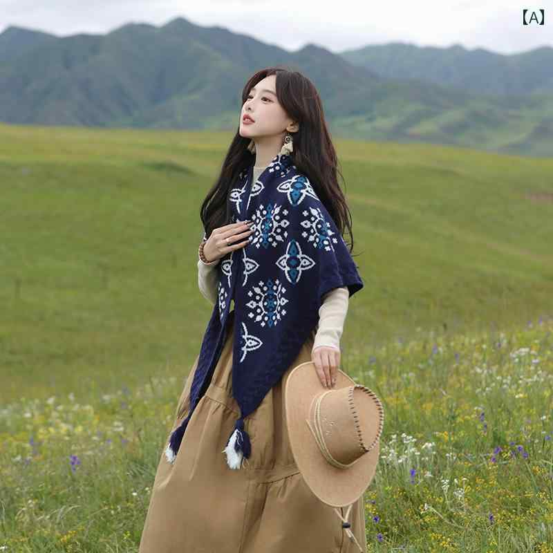 エスニック ネイビーブルー 三角 ショール 暖かい スカーフ レディース 防寒 ポンチョ フリンジ カジュアル 旅行 ウール 保温