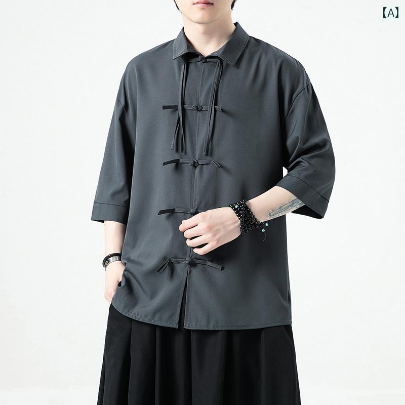 漢服 メンズ チャイナ風 夏 薄手 ひんやり 涼しい 快適 半袖 シャツ レトロ 唐 スーツ 大きめサイズ ミドルスリーブ シャツ