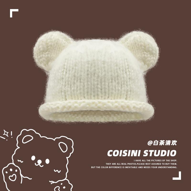 Knit Hat - ニット 帽子 クマ耳 ウール おしゃれ ファッション レディース かわいい 冬 暖かい レディース プルオーバー ハット カジュアル シンプル フリーサイズ ギフト