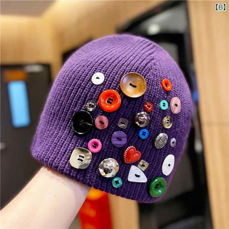 レディース 秋 冬 春 カジュアル ニット ウール 帽子 韓国 個性的 ボタン 帽 旅行 プルオーバー ハット