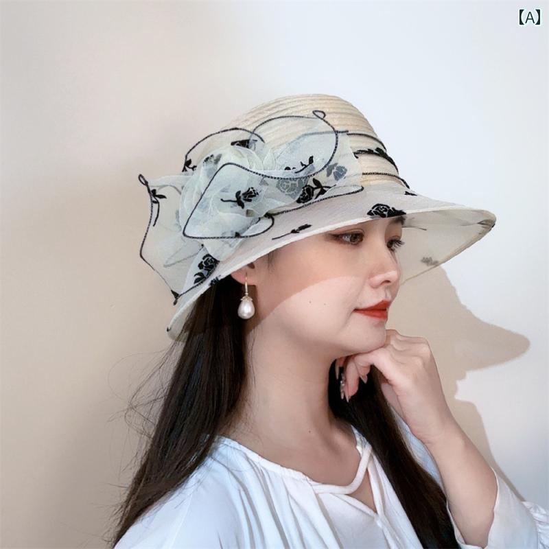 レディース 夏 帽子 日除け アウトドア レジャー サマー 薄 型オー ガンザ フィッシャーマン ハット 女性 エレガント フラワー バケット ママ 日焼け防止 通気性