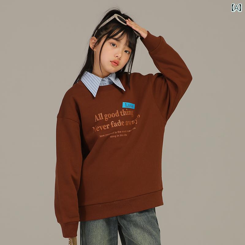 トップス 子供服 おしゃれ ナチュラル 普段着 キッズ 小さい 女の子 秋冬 アメリカン レター プリント ラウンドネック ベルベット スウェットシャツ 中 大 子供用 ストリート 長袖