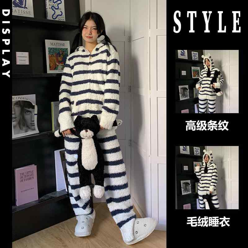 パジャマ 着ぐるみ ハーフ 起毛 ストライプ 長袖 フード レディース 冬 ニット ウェアラブル ホームウ..