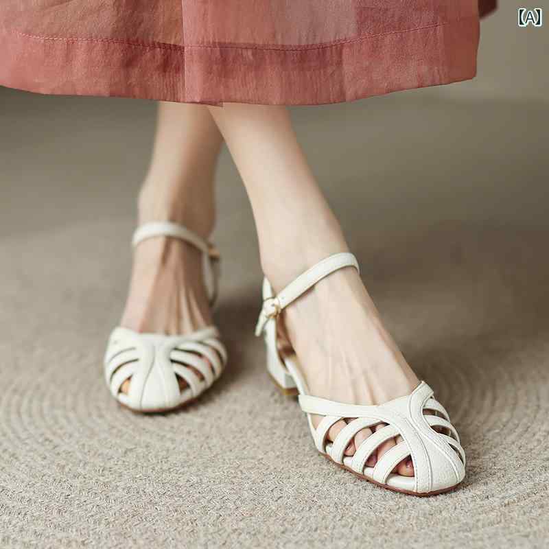 レディース 夏 ミュール サンダル おしゃれ 履きやすい スタイル 通気性 ラウンドトゥ 包頭 女性 ミディアム ヒール ファッション 太い フェアリー 風 洞 靴