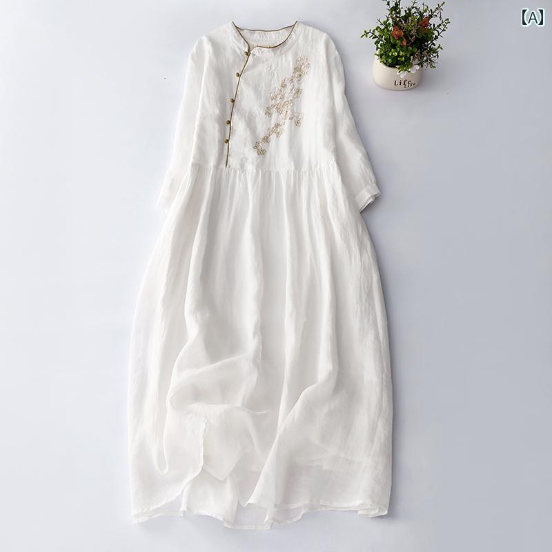 レディース 夏 ワンピース 中華風 おしゃれ エスニック ボヘミアン 文学 ラミー ドレス 女性 小さい 立ち襟 ロング スカート