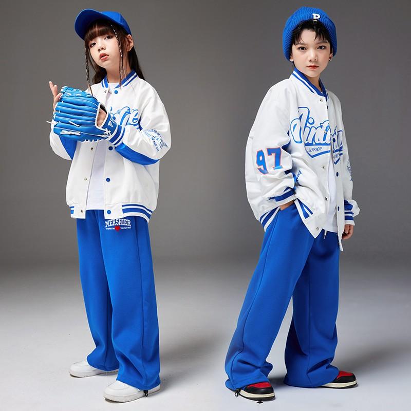 Rakuten - ダンス衣装 セットアップ スタジャン ジャケット 野球 青パンツ ヒップホップ ジャズダンス ワイドフィット 秋 キッズ 女の子 ボーイズ ストリート 練習着