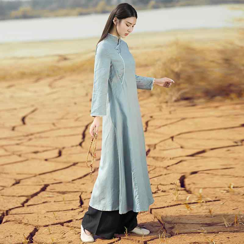 ドレス レディース コットン 秋 春 チャイナ服 アオザイ 中華風 リネン レトロ 中国 バックル チャイナ リネン 女性 文学 瞑想服 茶師服 サービス