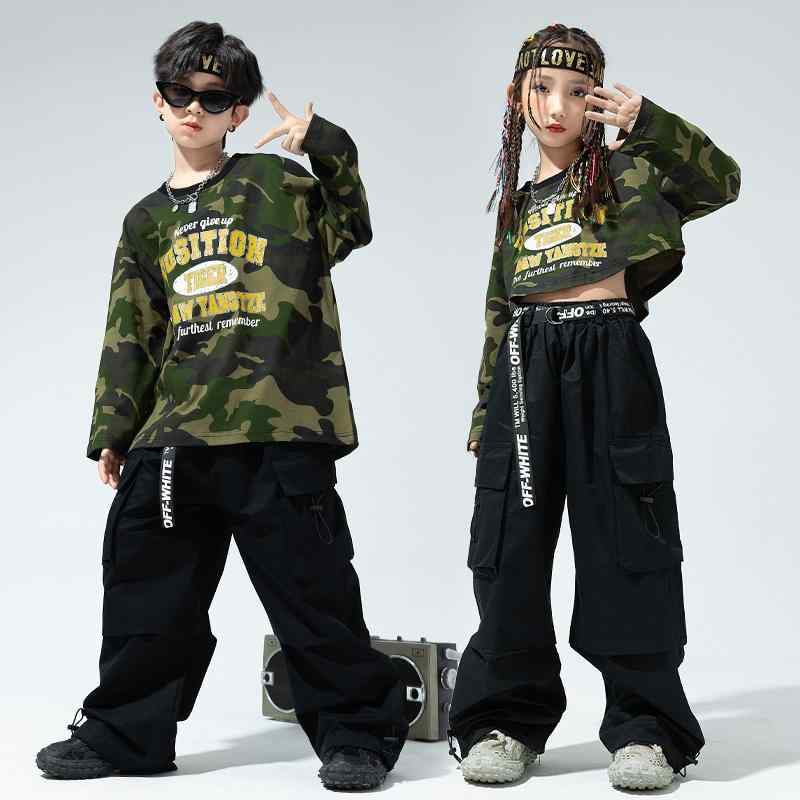 子供服 女の子 男の子 トレーナー スウェット 迷彩 パンツ コスチューム バンド ダンス ヒップホップ ストリート系 パフォーマンス 衣装 クール かっこいい キッズ