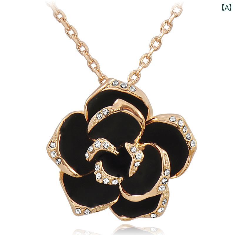 レディース ネックレス アクセサリー チェーン ペンダント ワンポイント ブラックローズ 装飾 ジュエリー 婦人服 セーター ハイエンド ファッション アメリカ