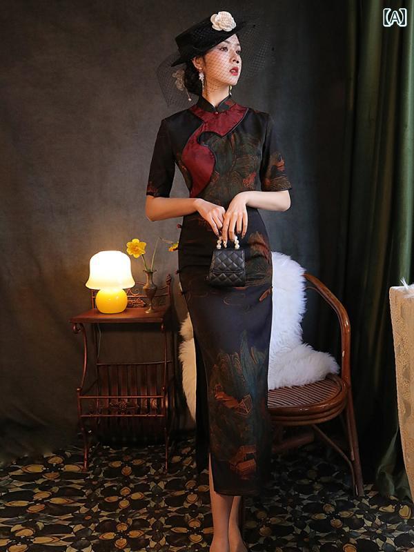 レディース 夏 チャイナ ドレス おしゃれ ワンピース コスプレ 撮影 衣装 古風 レトロ ハイエンド 中華風 キャットウォーク ロング