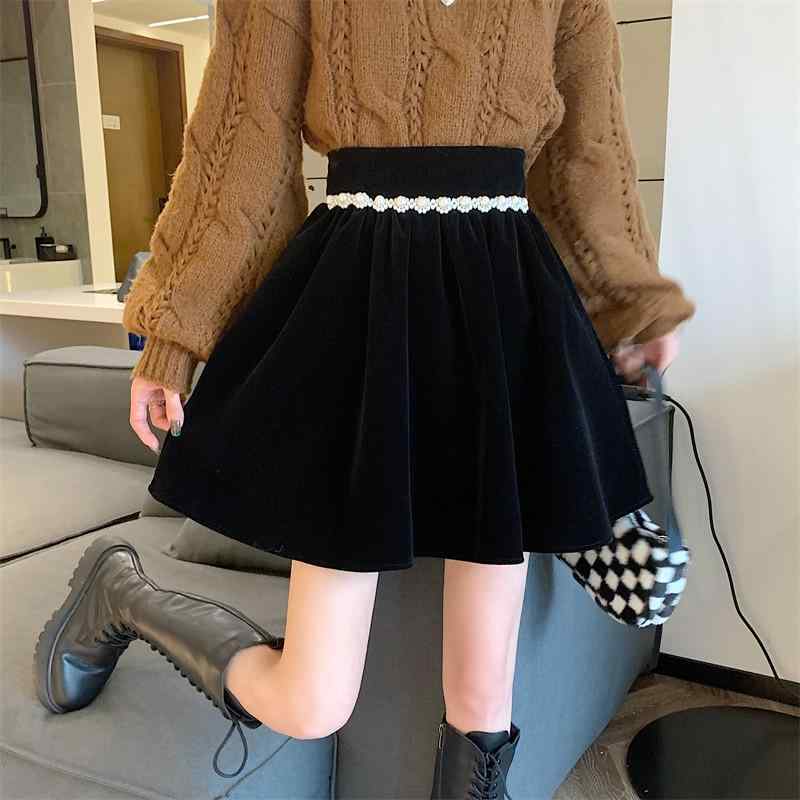 スカート レディース 秋 冬 ふわふわ 大きめ サイズ スリム ゴールド ベルベット プリーツ アンブレラ ハイウエスト aライン お腹 カバー ショート