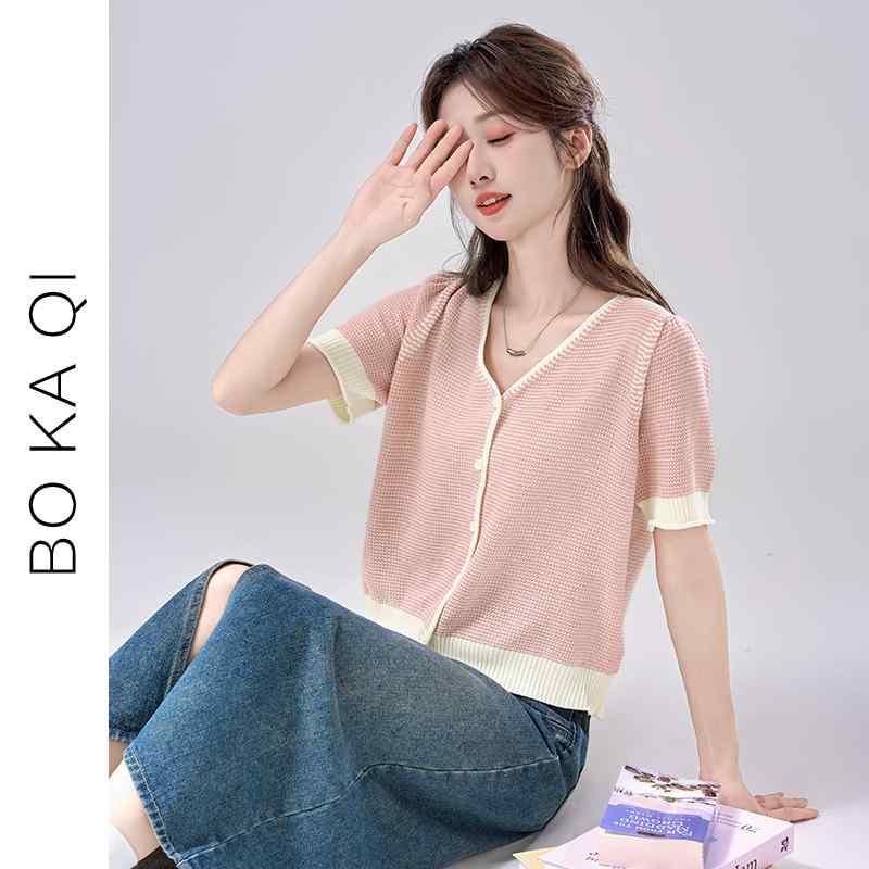 V-Neck - トップス レディース ファッション 夏 Vネック 冷感 半袖 セーター 女性 ガーリー カレッジ 薄型 通気性 チェック柄 ショート